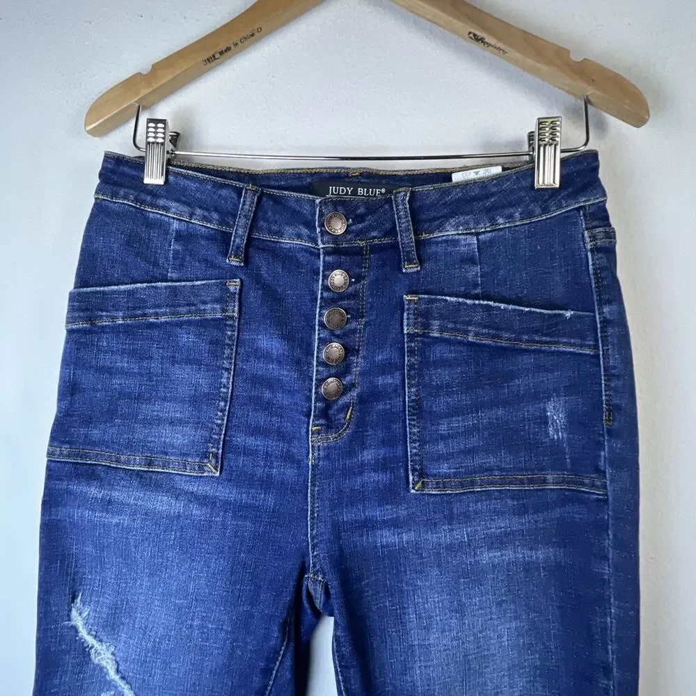 Judy Blue Skinny Fit Size 9 / 29 Button Fly Front Pocket Blue Jeans distressed - Picture 2 of 12